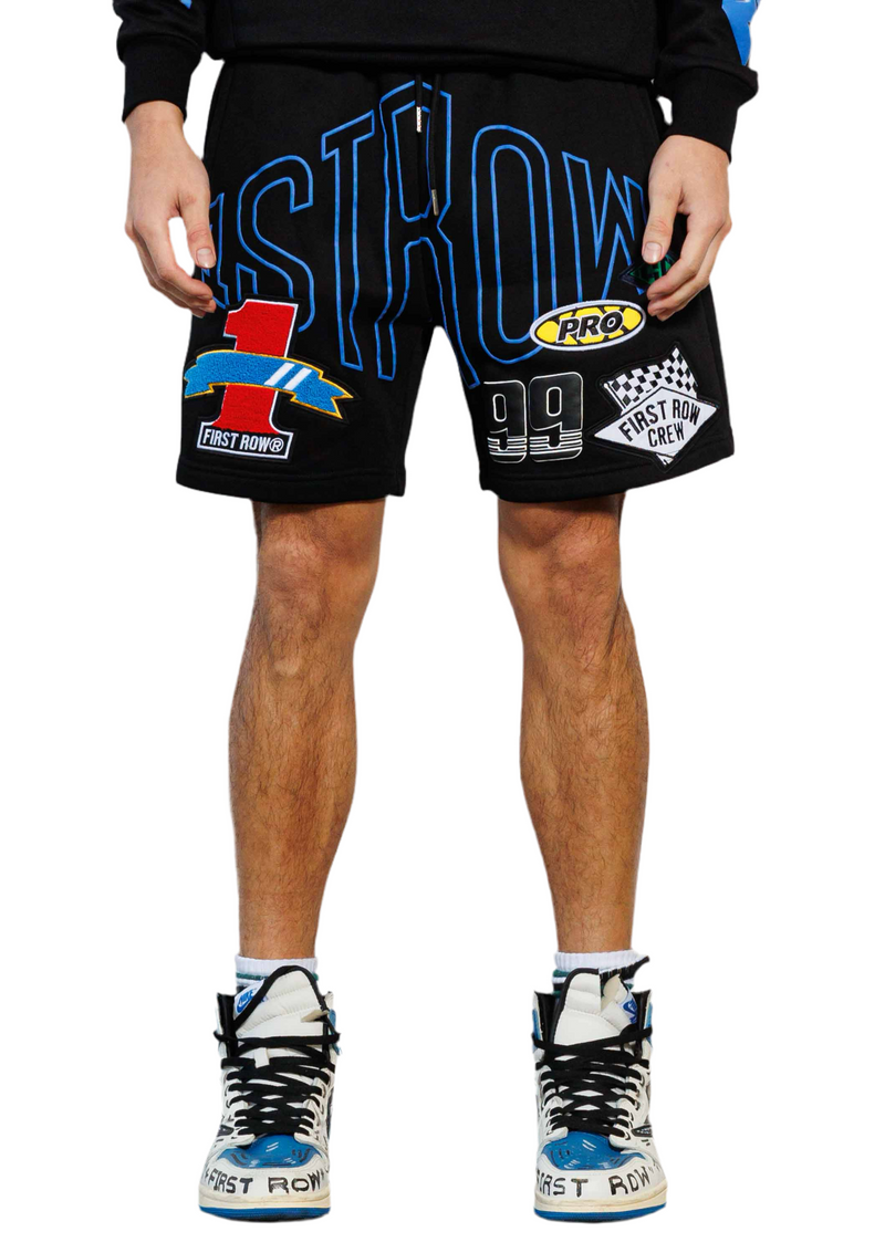 Racing Multi Patches Graphic Shorts - Black