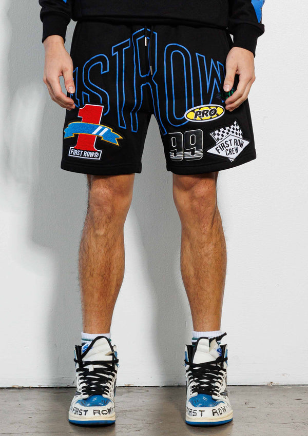 Racing Multi Patches Graphic Shorts - Black